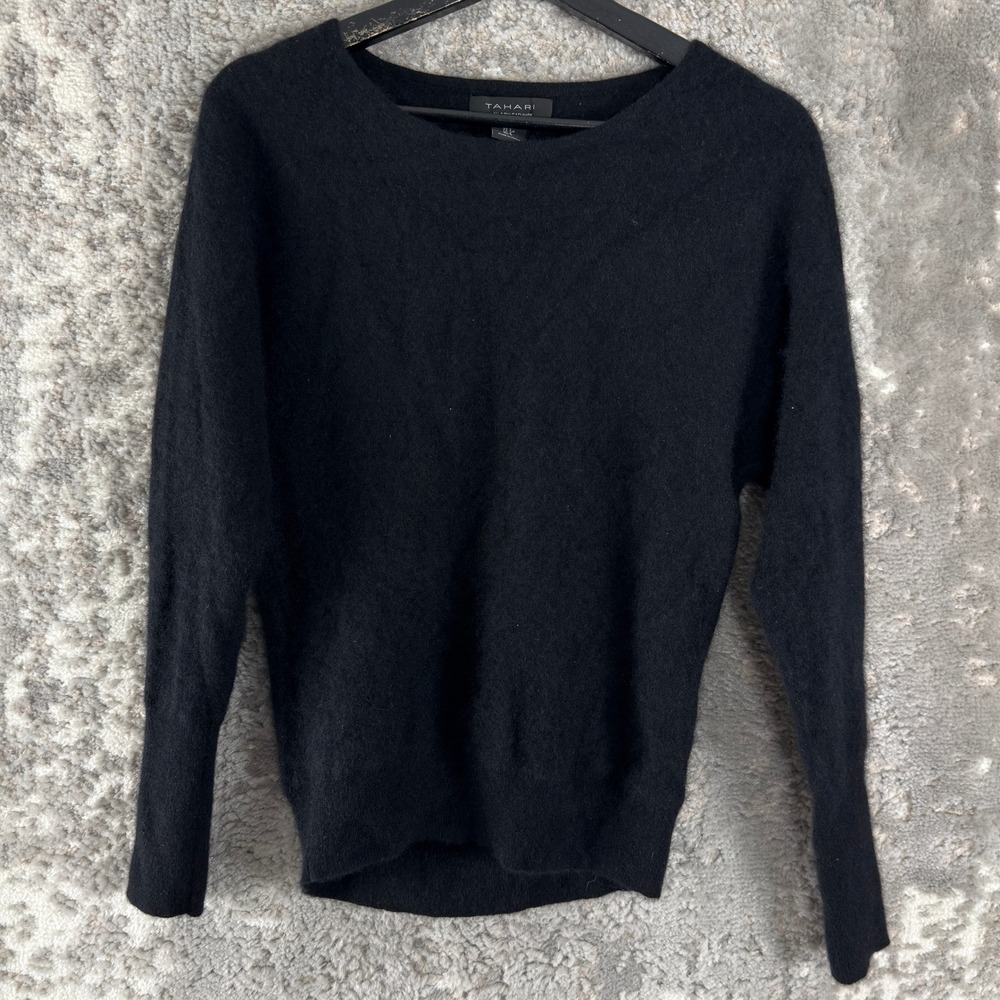 Tahari Size S 100% 2-Ply Cashmere Soft Knit Pullover Sweater Black Long Sleeve